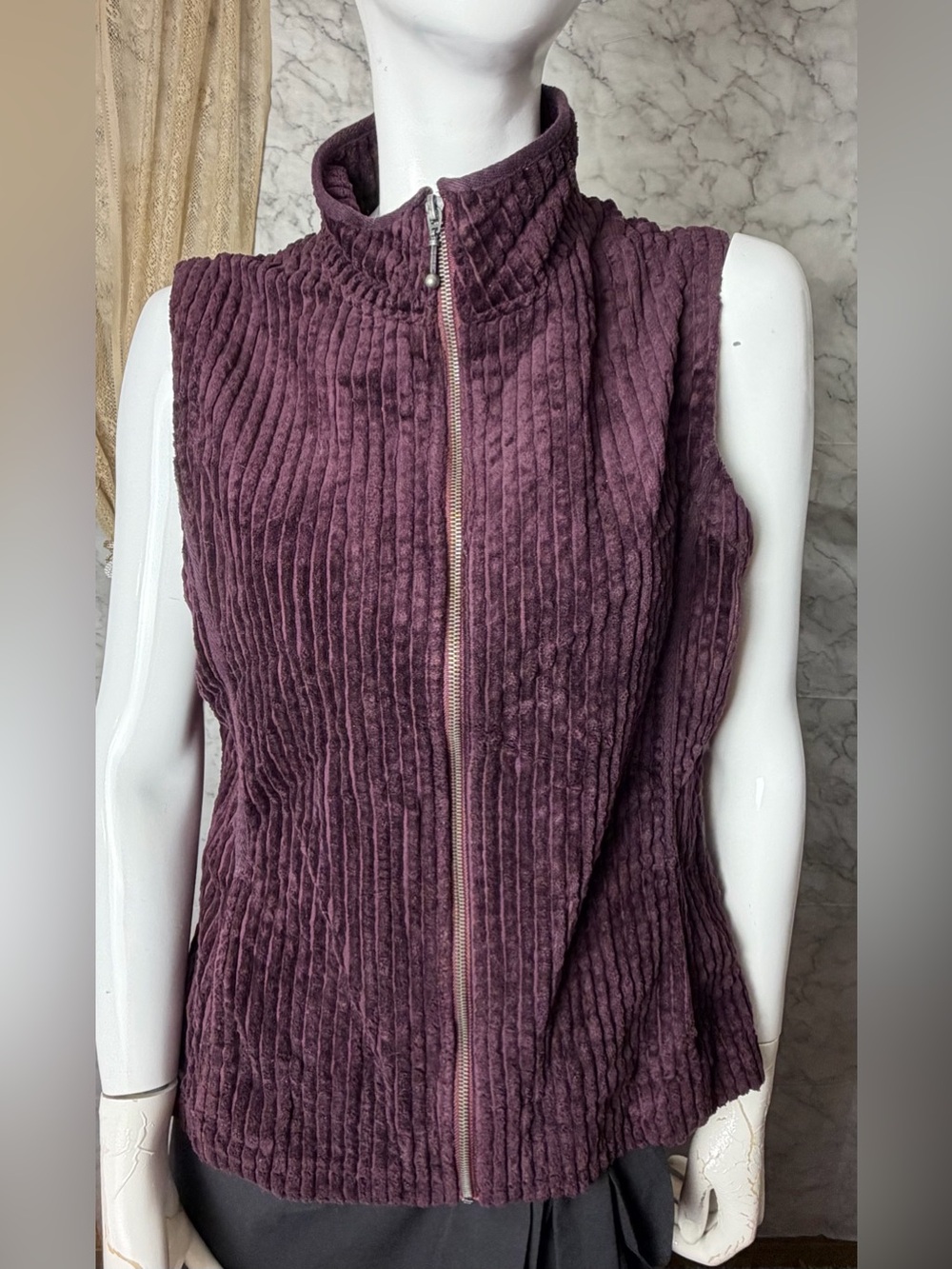 Woolrich Plum Chocolate Hue 100% Cotton Plush Ribbed Vest Pockets Silver Zip M